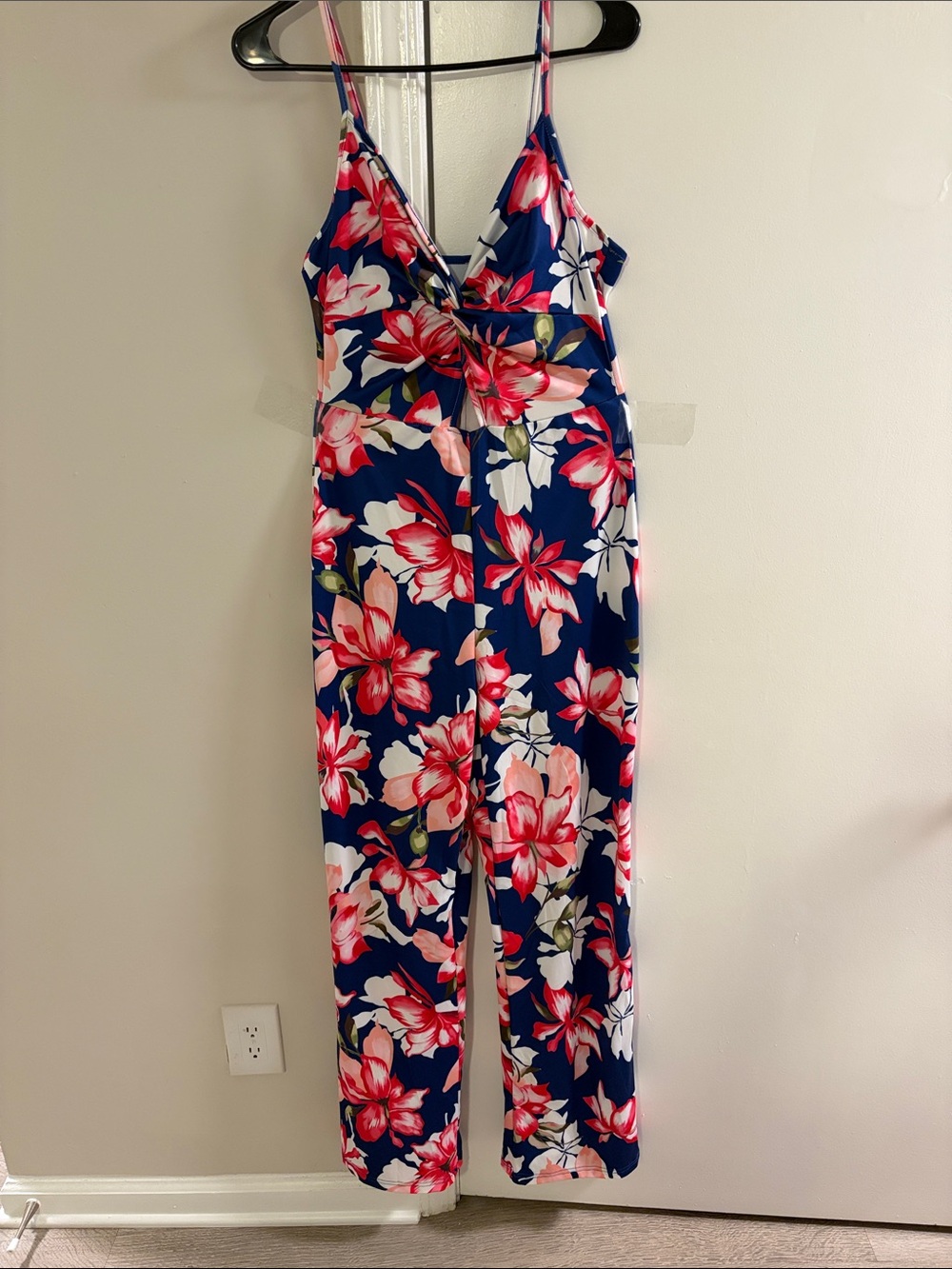 Floral Navy Wide-Leg Jumpsuit with Spaghetti Straps